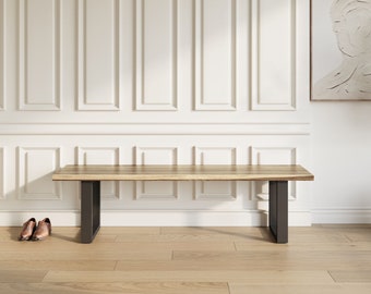 Modern Teak Color Solid Wood Bench | Table Bench | Entryway Bench | Handcrafted Acacia Wood Bench | Solid Wood Bench | Metal U-Legs - UMBUZO