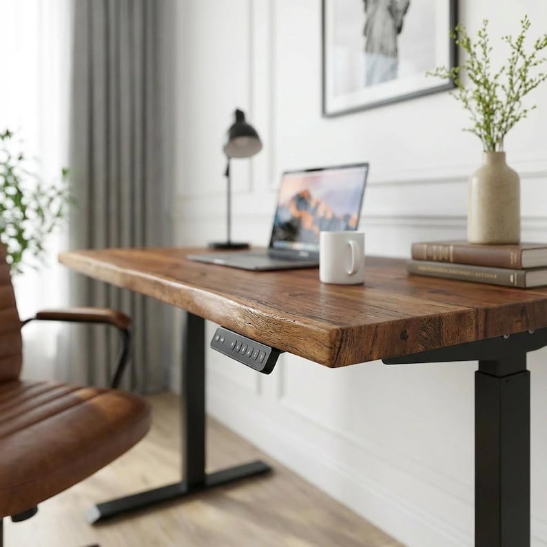 May include: A wooden desk with a dark brown finish and black legs. A laptop, white mug, and books sit on the desk. A black lamp and a brown leather chair are also visible. The desk has a control panel on the side.