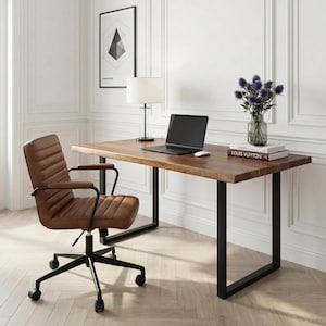 Live-Edge Walnut Color Desk | Black Steel U-Legs | Solid Acacia Hardwood Computer Desk | Modern Farmhouse Style Office Work Desk - UMBUZO