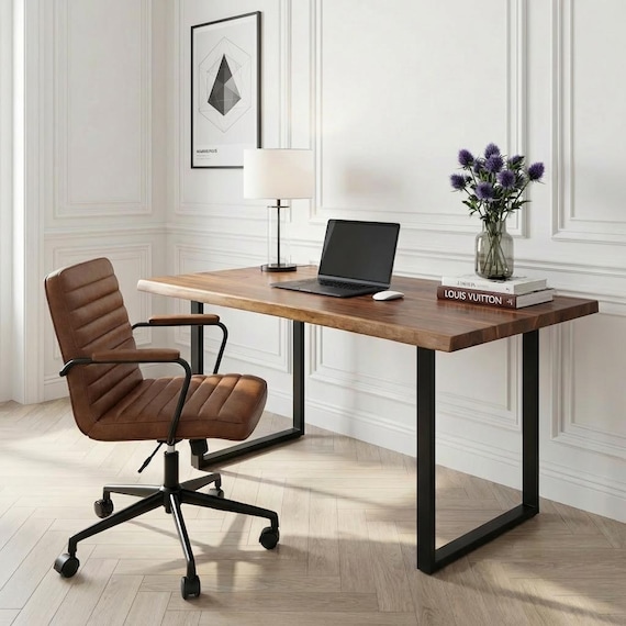 Live-edge Walnut Color Desk | Black Steel U-legs | Solid Acacia