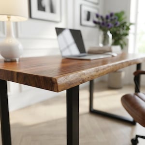 Exotic Live Edge Desk | Walnut Color Solid Wood Desk | Acacia Wood Table | Multiple Steel Leg Options | Modern Rustic Style Table - UMBUZO image 2