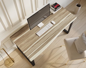 Teak Colored Live-Edge Desk | Solid Acacia Wood Desk | Modern Rustic Style Table | Home Office Standing Desk | Wood Computer Desk - UMBUZO