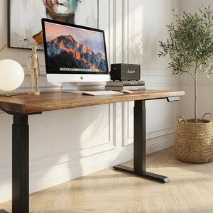 Adjustable Height Desk | Walnut Color Standing Desk | Solid Acacia Wood Desktop | Home Office Wood Work Desk | Motorized Steel Legs - UMBUZO