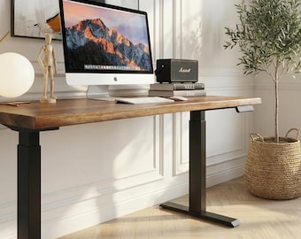 Adjustable Height Desk | Walnut Color Standing Desk | Solid Acacia Wood Desktop | Home Office Wood Work Desk | Motorized Steel Legs - UMBUZO