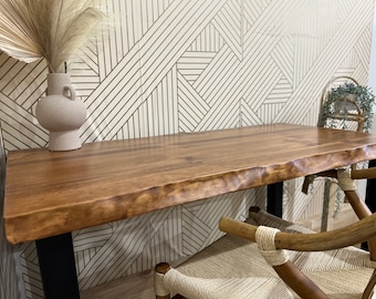 Solid Wood Live-Edge Office Desk, Walnut Colored Computer Desk, Mid-Modern Rustic Style Table, Choose Desk Size and Leg Style! - UMBUZO