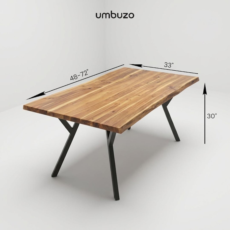 May include: A rectangular wooden table with a natural wood grain finish. The table is supported by black metal legs. Dimensions are 48-72 inches long, 33 inches wide, and 30 inches high.