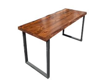 Live-Edge Solid Wood Desk | Stained Walnut Color Tabletop | Black Steel U-Legs | Walnut Home Office Desk | Wood Computer Table - UMBUZO