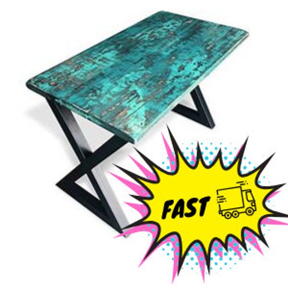 Sale Distressed Wood Desk In Teal And Shades Of Green Etsy