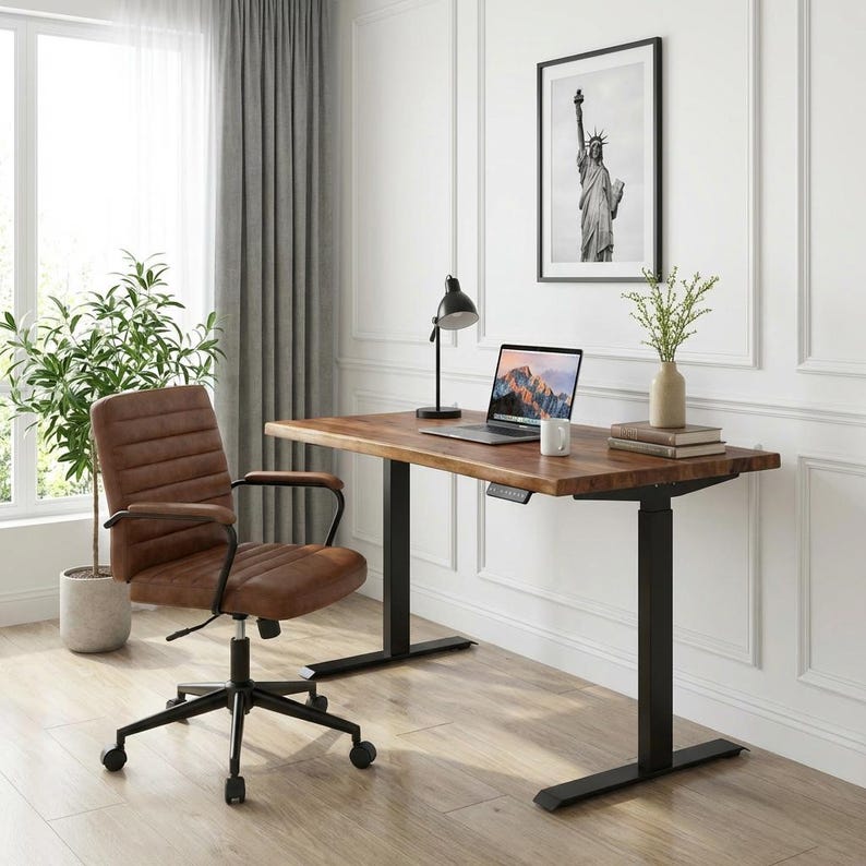 May include: A home office setup featuring a brown wooden desk with black legs, a brown leather office chair, and a laptop. A black framed picture of the Statue of Liberty hangs on the white wall. A black desk lamp and a potted plant are also visible.