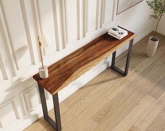Live-Edge Walnut Color Console Table | Solid Acacia Wood Entry Table | Modern Rustic Style Entry Table | Modern Black Steel U-Legs - UMBUZO