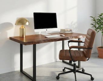 Solid Wood Live Edge Desk, Mid-Modern Rustic Table, Walnut Finish