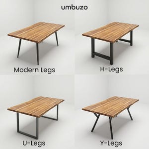 May include: Four wooden tables with different leg designs: Modern, H-Legs, U-Legs, and Y-Legs. Each table has a rectangular, light-brown wooden top. The legs are black. The brand name "umbuzo" is in the top left corner.