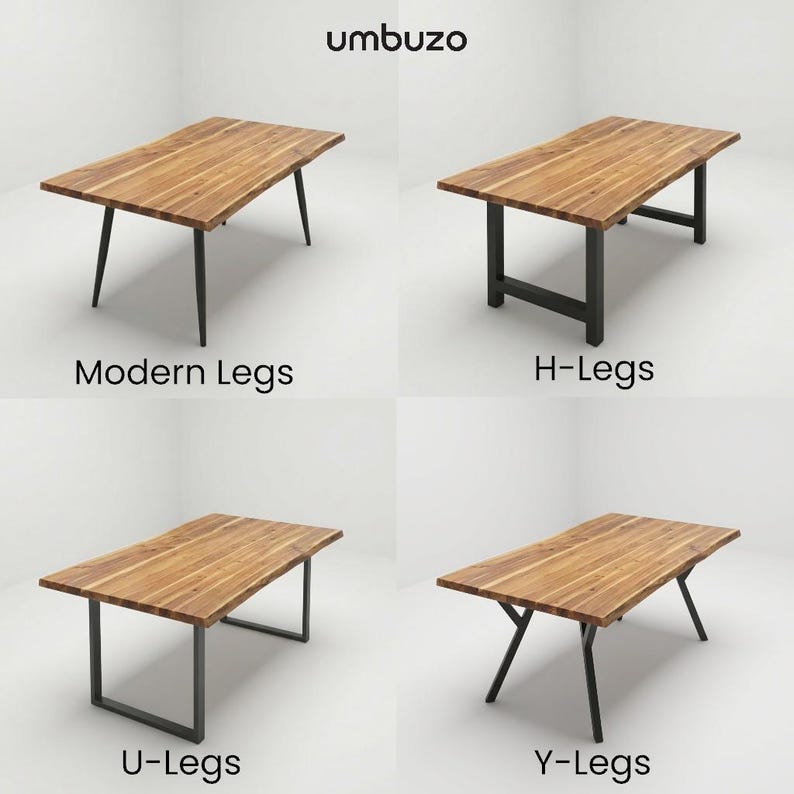 May include: Four wooden tables with different leg designs: Modern, H-Legs, U-Legs, and Y-Legs. Each table has a rectangular, light-brown wooden top. The legs are black. The brand name "umbuzo" is in the top left corner.