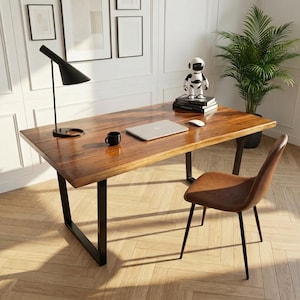 Live-Edge Walnut Colored Computer Desk | Modern Hairpin Steel Legs | Solid Wood Tabletop | Modern Rustic Minimalist Style Table - UMBUZO