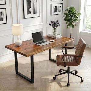 Exotic Live Edge Desk | Walnut Color Solid Wood Desk | Acacia Wood Table | Multiple Steel Leg Options | Modern Rustic Style Table - UMBUZO