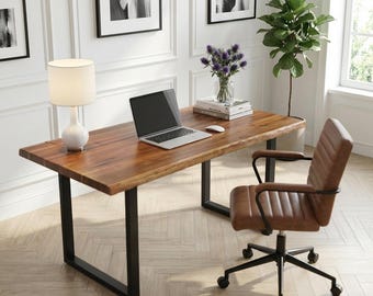 Exotic Live Edge Desk | Walnut Color Solid Wood Desk | Acacia Wood Table | Multiple Steel Leg Options | Modern Rustic Style Table - UMBUZO