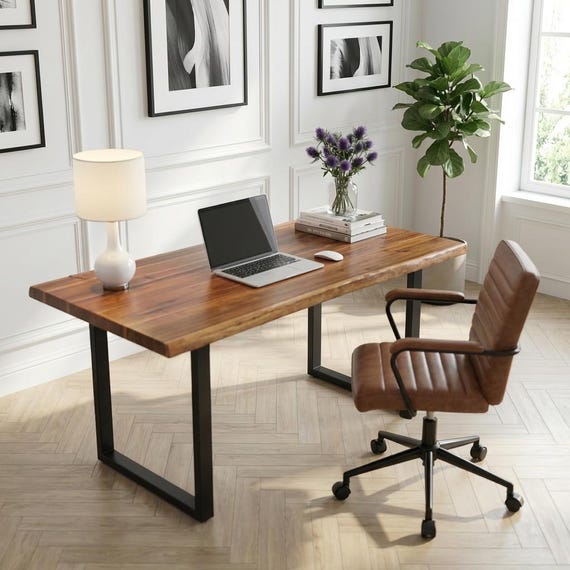 Exotic Live Edge Desk | Walnut Color Solid Wood Desk | Acacia Wood Table | Multiple Steel Leg Options | Modern Rustic Style Table - UMBUZO