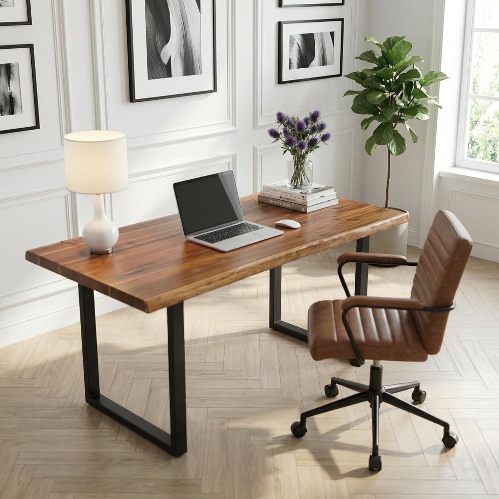 テーブル・机 Work table walnut color iron leg Exotic Live Edge Desk | Walnut Color Solid Wood Desk | Acacia Wood