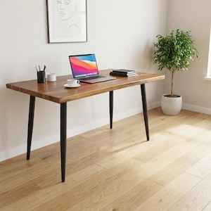 Live-Edge Walnut Colored Desk | Solid Wood Computer Desk | Modern Rustic Style Work Table | Choose Your Desk Size and Leg Style! - UMBUZO