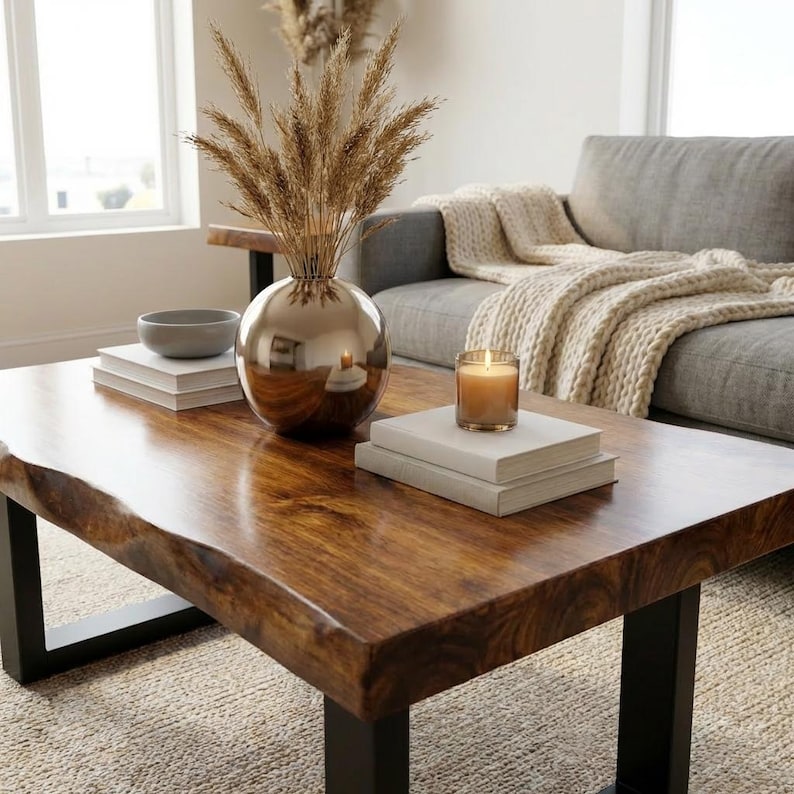 Natural Wood Coffee Table | Live-Edge U-Leg Coffee Table | Walnut Acacia Living Room Table | Modern Coffee Table | Live-Edge Table - UMBUZO 画像 6