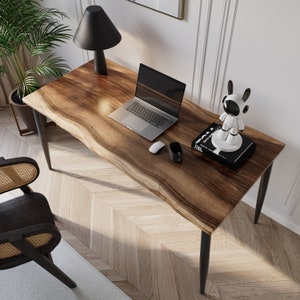 Live-Edge Walnut Colored Computer Desk | Modern Hairpin Steel Legs | Solid Wood Tabletop | Modern Rustic Minimalist Style Table - UMBUZO