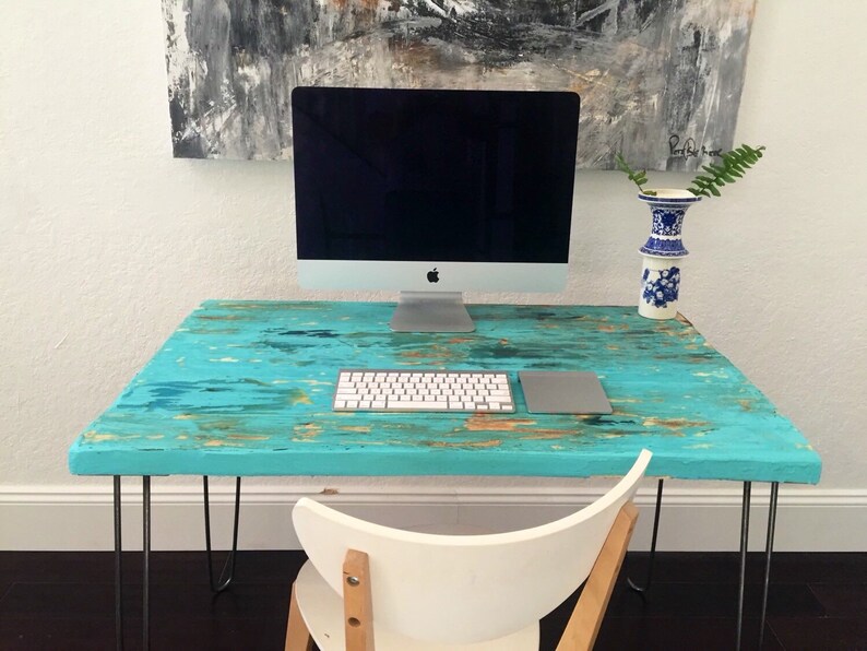 SALE Distressed Wood Desk in Teal and Shades of Blue Etsy