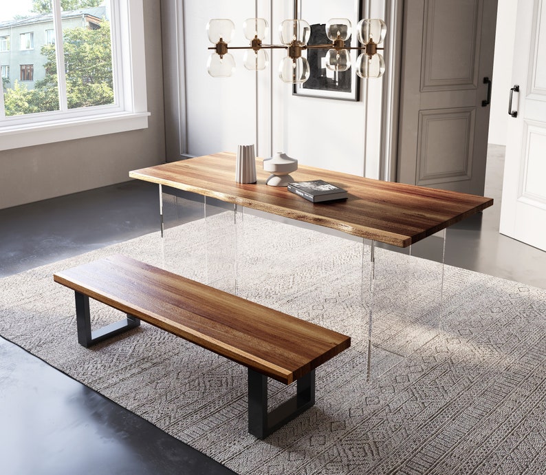 Exotic Hardwood Live Edge Dining Table & Bench Combo imagem 1