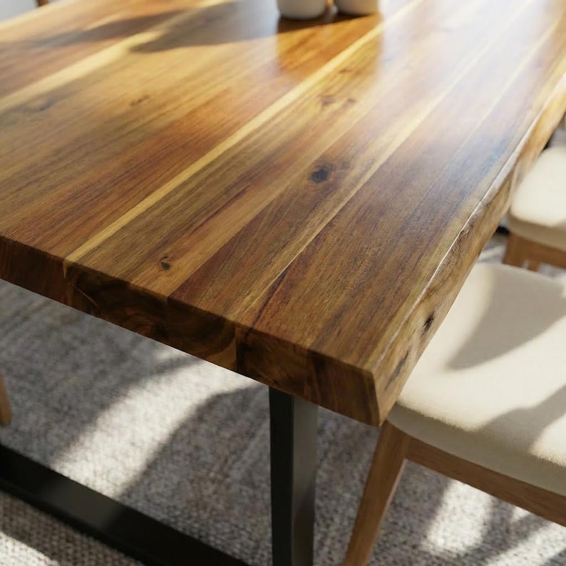 May include: A close-up of a wooden dining table with a natural edge. The table has a rich, warm brown color with visible wood grain. The table is supported by a black metal base. Two chairs with cream-colored seats are partially visible.