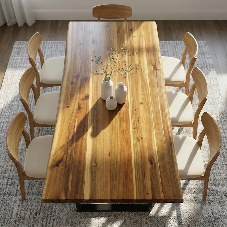 May include: A rectangular wooden dining table with a natural finish, surrounded by six wooden chairs with cream-colored cushions. The table is adorned with three white ceramic vases holding greenery. The table measures approximately 72 inches long.