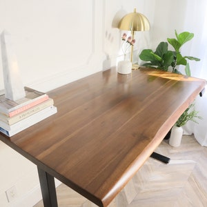 Adjustable Height Desk | Walnut Color Standing Desk | Solid Acacia Wood Desktop | Home Office Wood Work Desk | Motorized Steel Legs - UMBUZO