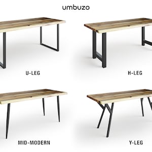 May include: Four different styles of wooden dining tables with black metal legs. The table styles are U-leg, H-leg, Mid-Modern, and Y-leg.