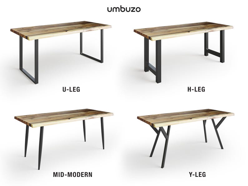 May include: Four different styles of wooden dining tables with black metal legs. The table styles are U-leg, H-leg, Mid-Modern, and Y-leg.