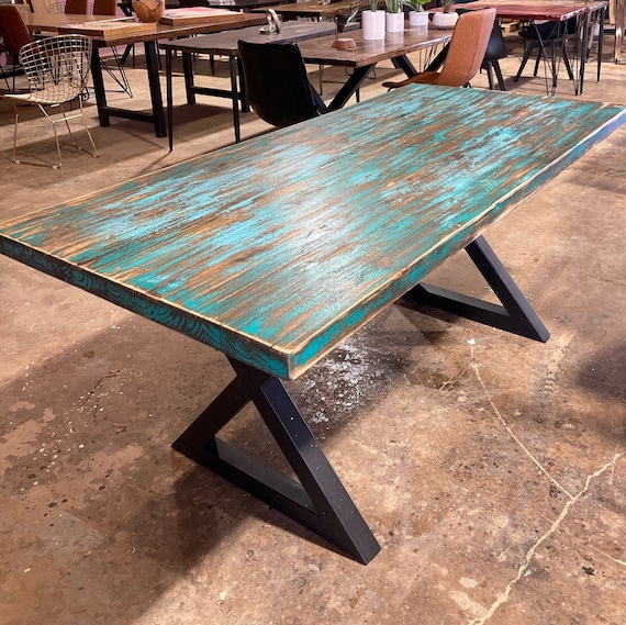 Artisan Teal Aqua Reclaimed Wood Dining Table Or Desk Aqua Reclaimed Wood Dining Table, Raw Wood Dining Table India