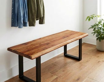 Modern Walnut Color Solid Wood Bench | Entryway Bench | Dining Bench | Live-Edge Bench | Acacia Wood Bench | Live Wood Bench - UMBUZO