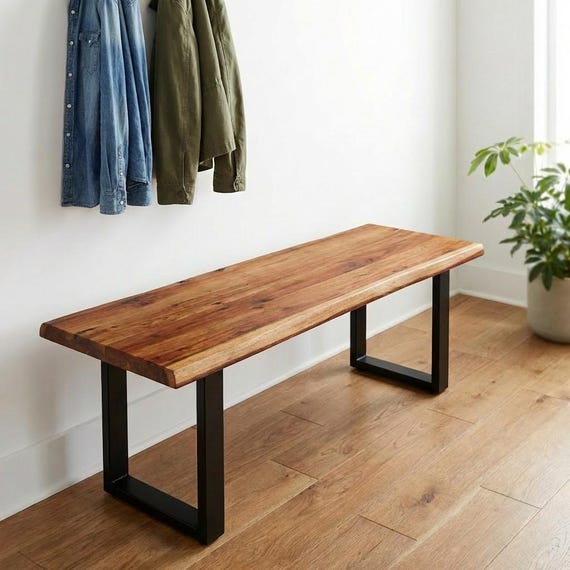Modern Walnut Color Solid Wood Bench | Entryway Bench | Dining Bench | Live-Edge Bench | Acacia Wood Bench | Live Wood Bench - UMBUZO