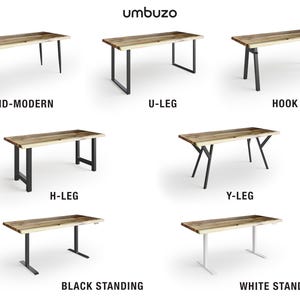 May include: A comparison of different table leg styles for a wooden table. The styles include mid-modern, U-leg, hook leg, H-leg, Y-leg, black standing, and white standing.