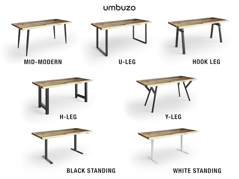 May include: A comparison of different table leg styles for a wooden table. The styles include mid-modern, U-leg, hook leg, H-leg, Y-leg, black standing, and white standing.