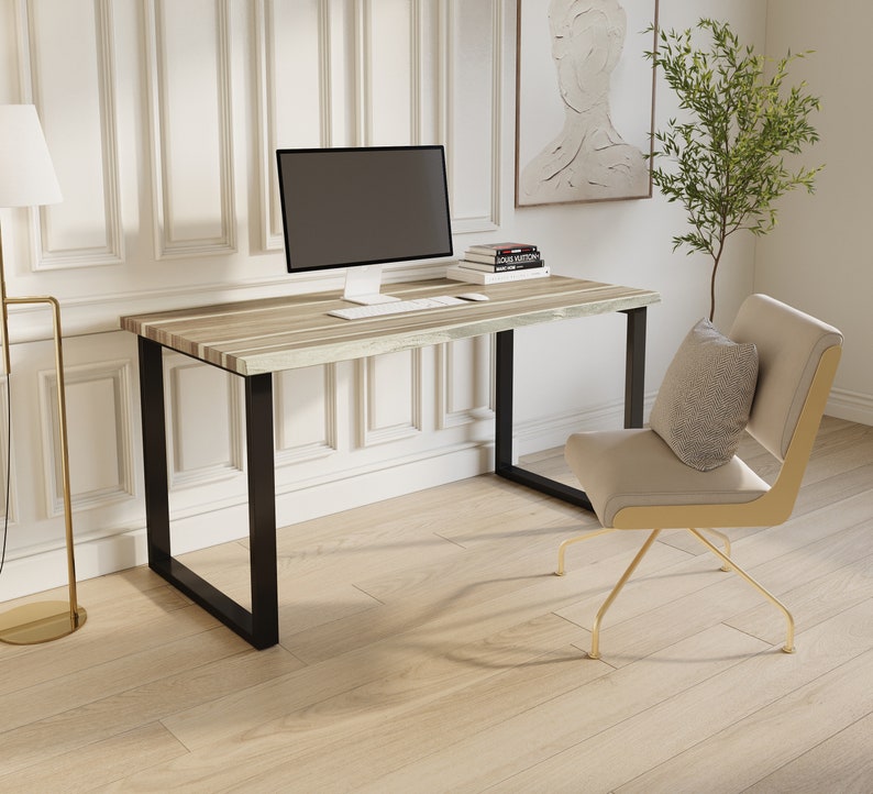 Stylish live edge desk made from rich teak wood.