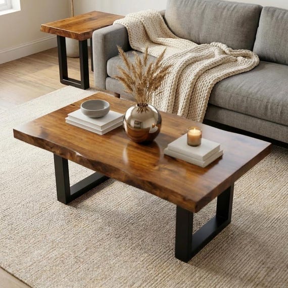 Natural Wood Coffee Table | Live-Edge U-Leg Coffee Table | Walnut Acacia Living Room Table | Modern Coffee Table | Live-Edge Table - UMBUZO