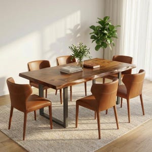 May include: A wooden dining table with a live edge and dark metal legs is surrounded by six brown leather chairs. The table is set on a neutral-colored rug, with a plant and decorative items on the table.