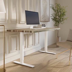 Live Edge Teak Wood Stand Up Desk, White Legs, Standing Desk, Adjustable Height Desk