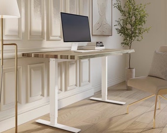 Live Edge Teak Wood Stand Up Desk, White Legs, Standing Desk, Adjustable Height Desk