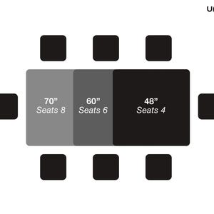 May include: Diagram showing three different sizes of rectangular tables with the dimensions and seating capacity labeled. The table sizes are 70 inches, 60 inches, and 48 inches. The seating capacity is 8, 6, and 4 respectively.