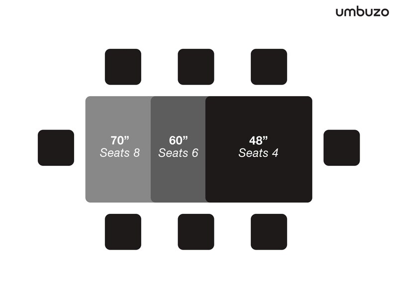 May include: Diagram showing three different sizes of rectangular tables with the dimensions and seating capacity labeled. The table sizes are 70 inches, 60 inches, and 48 inches. The seating capacity is 8, 6, and 4 respectively.