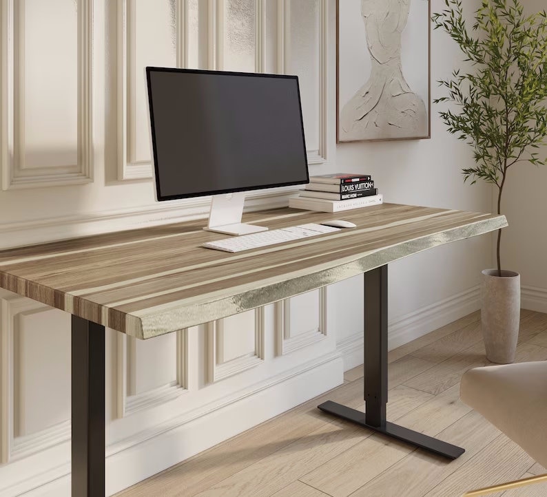 Teak Wood Standing Desk | Office Adjustable Height Desk | Computer Standing Desk | Live-Edge Stand-Up Design Desk | Sit-Stand Desk - UMBUZO
