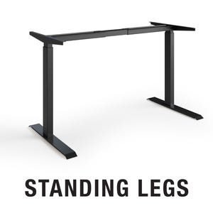 May include: Black standing desk legs with a rectangular frame and two vertical supports. The base and frame are black. The text "STANDING LEGS" is displayed in bold, black letters below the legs.