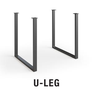 May include: Two black metal U-shaped table legs. The legs are made of square tubing and have a simple, modern design. U-LEG.