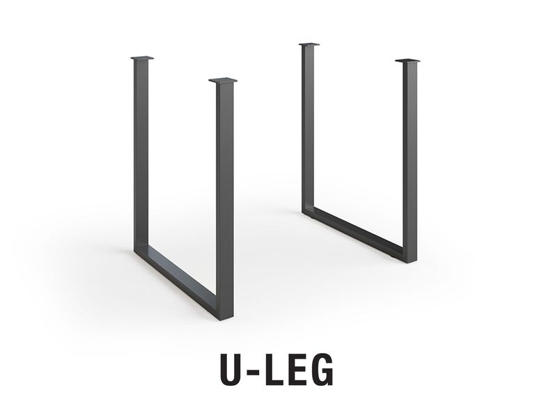 May include: Two black metal U-shaped table legs. The legs are made of square tubing and have a simple, modern design. U-LEG.