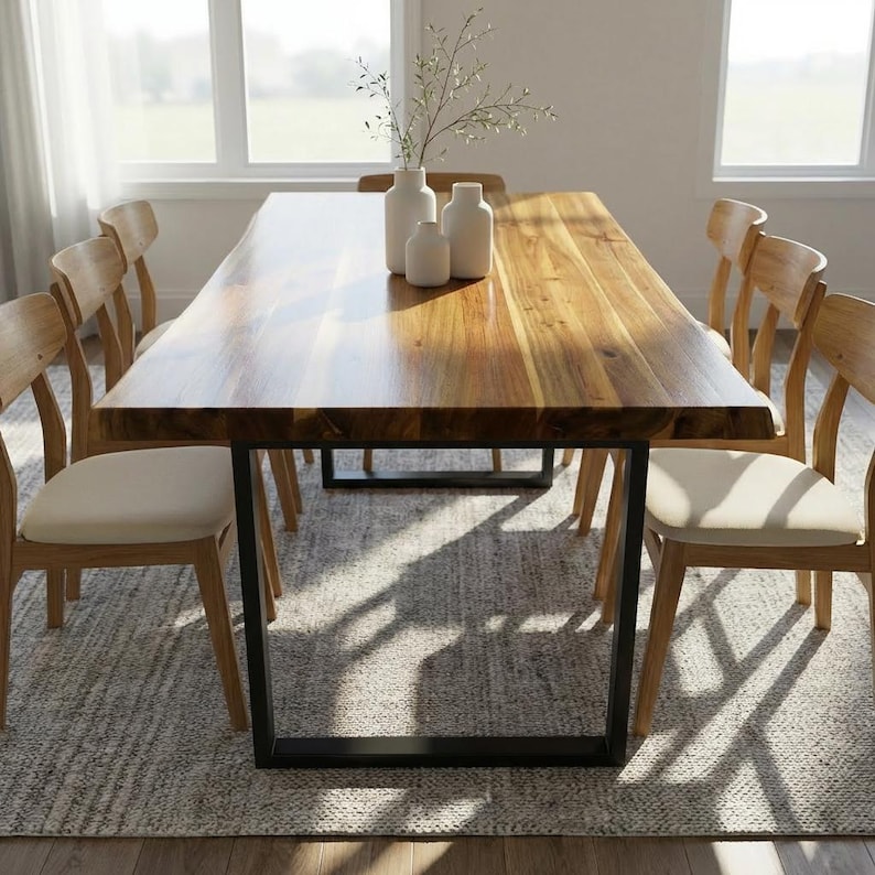 May include: A wooden dining table with a natural finish, supported by a black metal base, surrounded by six wooden chairs with cream-colored upholstered seats. Decorative white vases with greenery are on the table.