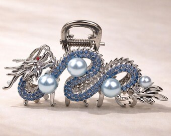 Elegant Blue Crystal Dragon Hair Claw with Pearl Accents